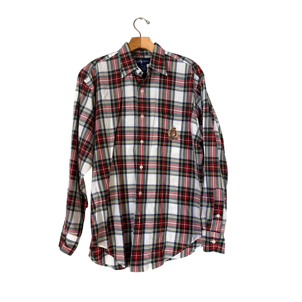 Ralph Lauren Womens Plaid Button Down Shirt Red White‎ Crest Logo Size 10 Cotton